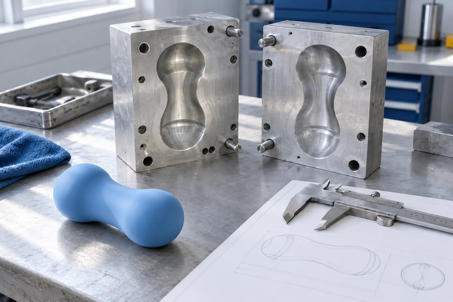 AI illustration of paired tooling inserts and a soft sample